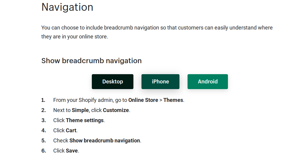 Shopify-Anleitung zum Hinzufügen von Breadcrumbs auf einer Website